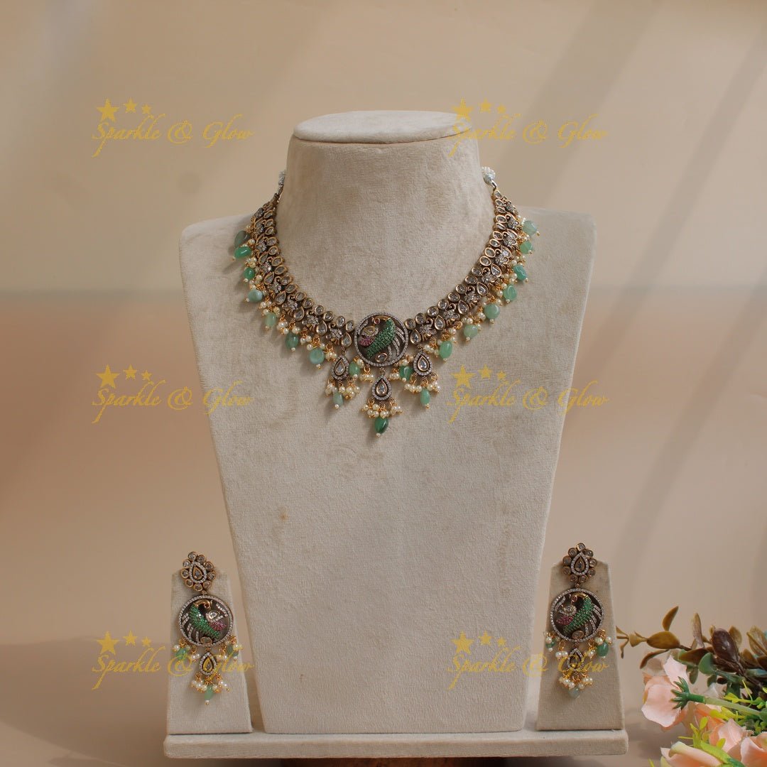 Elegant Peacock Elephant design victorian AD gutta pusalu short necklace with purple beads - Sparkle and Glow - Mintgreen - Back Thread