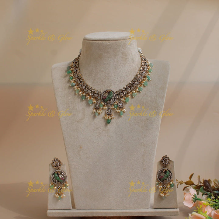 Elegant Peacock Elephant design victorian AD gutta pusalu short necklace with purple beads - Sparkle and Glow - Mintgreen - Back Thread
