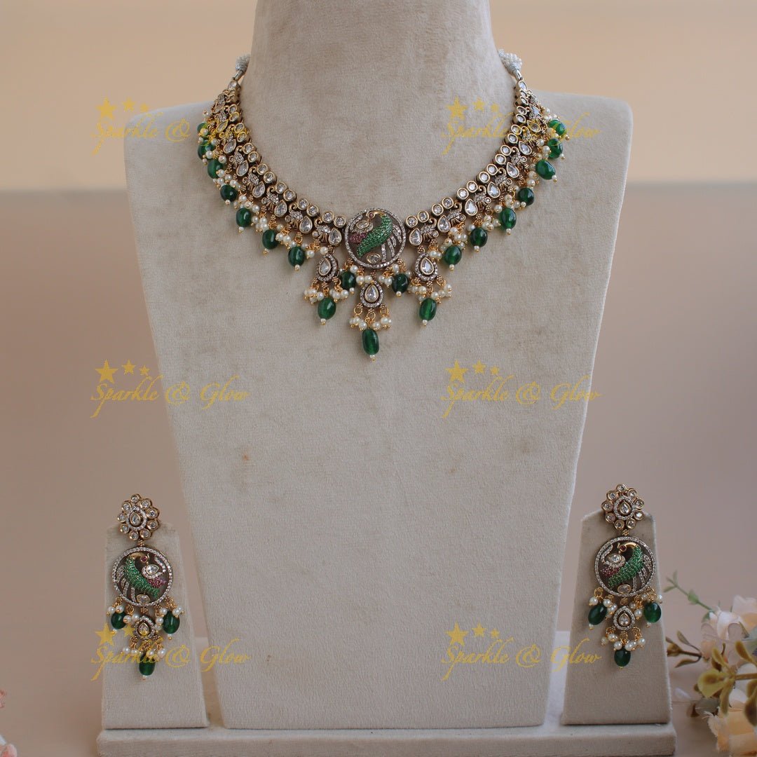 Elegant Peacock Elephant design victorian AD gutta pusalu short necklace with purple beads - Sparkle and Glow - Green - Back Thread
