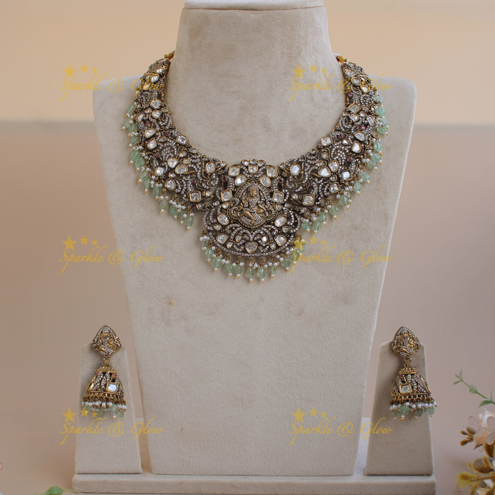 Statement Lakshmi Peacock design victorian AD short necklace with Mint green beads
