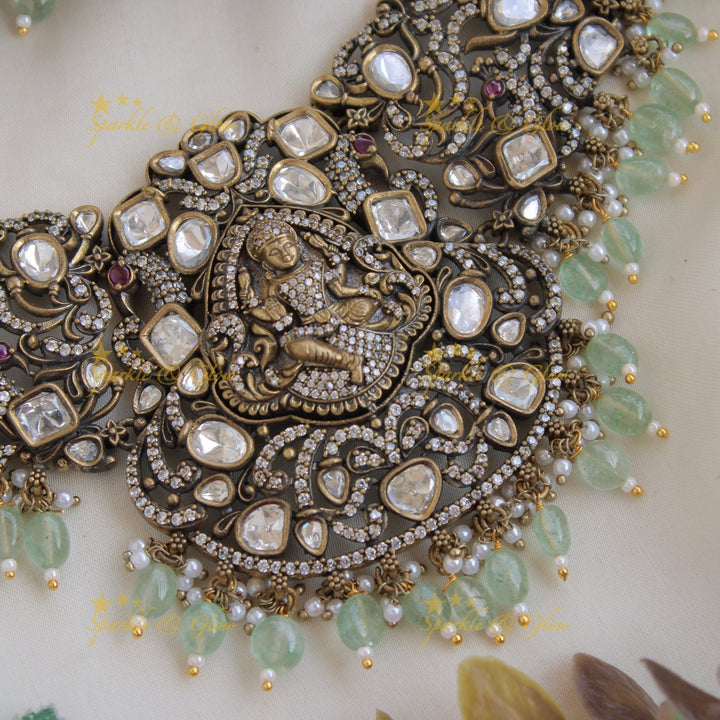 Statement Lakshmi Peacock design victorian AD short necklace with Mint green beads