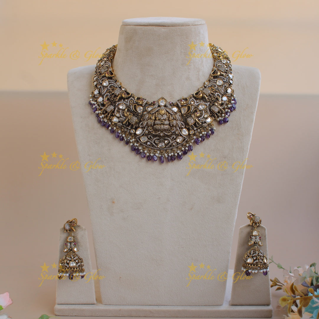 Gorgeous Lakshmi Elephant Peacock design victorian AD short necklace with purple beads