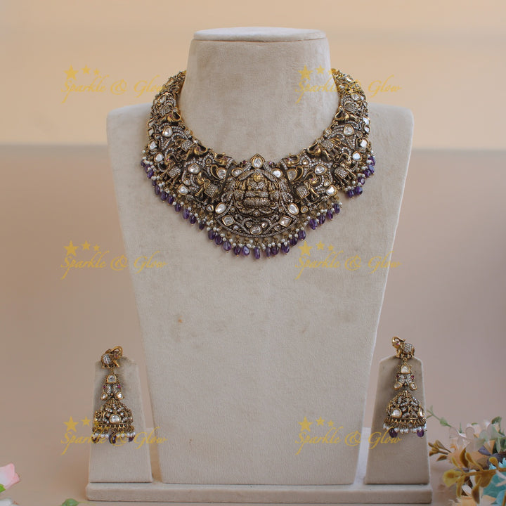 Gorgeous Lakshmi Elephant Peacock design victorian AD short necklace with purple beads