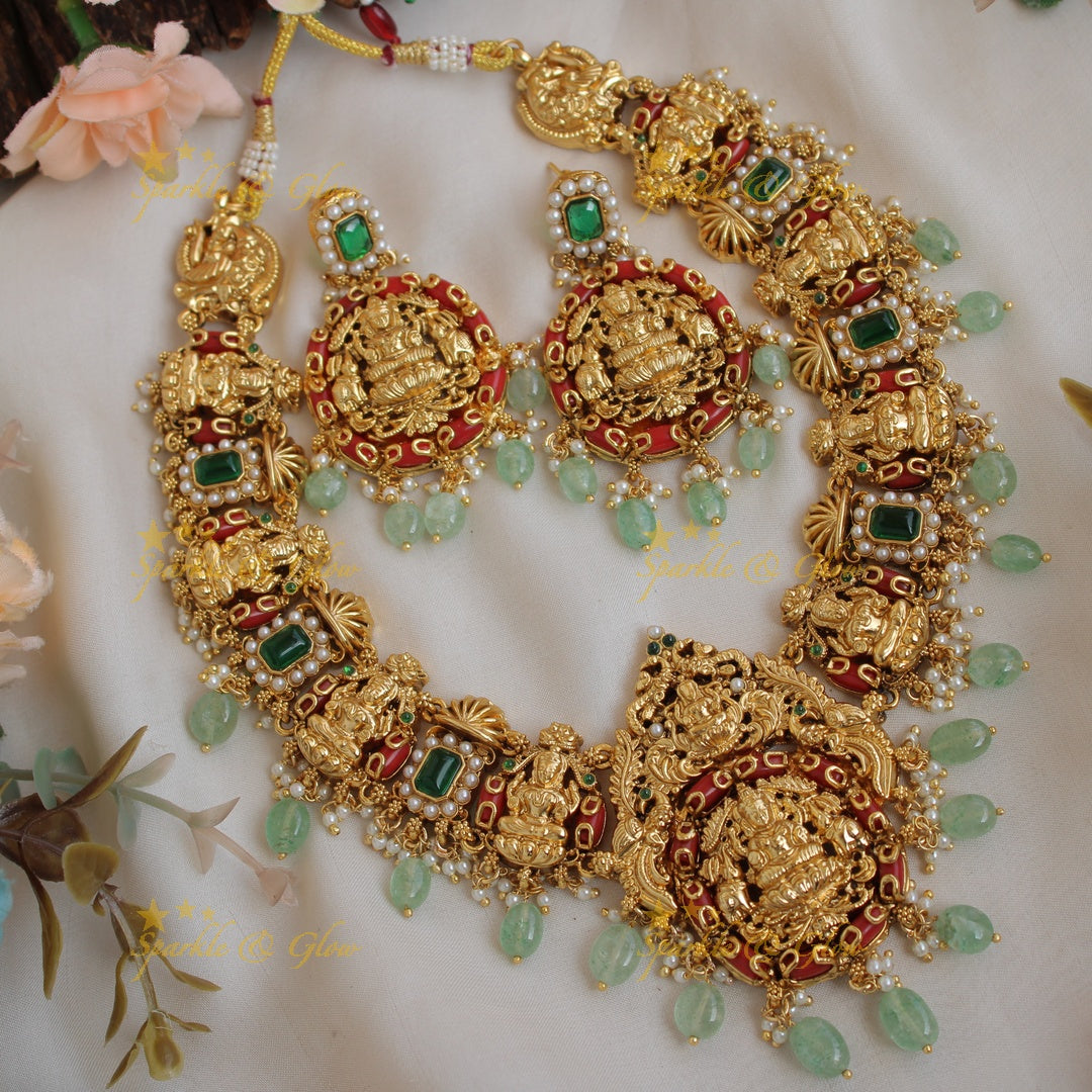 Gorgeous Lakshmi carved short necklace with pearls coral emerald and green beads