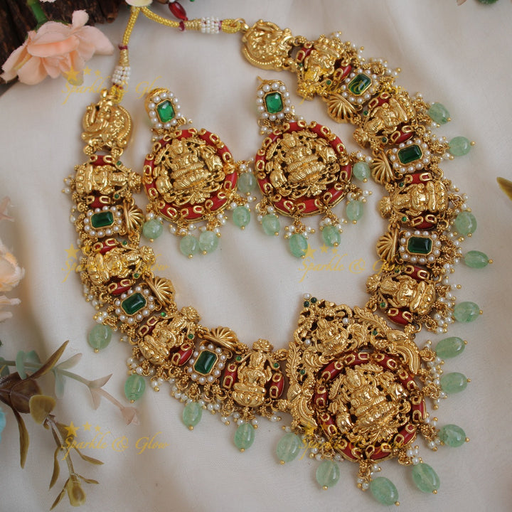 Gorgeous Lakshmi carved short necklace with pearls coral emerald and green beads