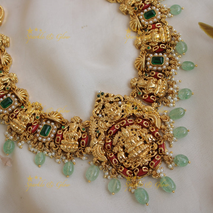 Gorgeous Lakshmi carved short necklace with pearls coral emerald and green beads