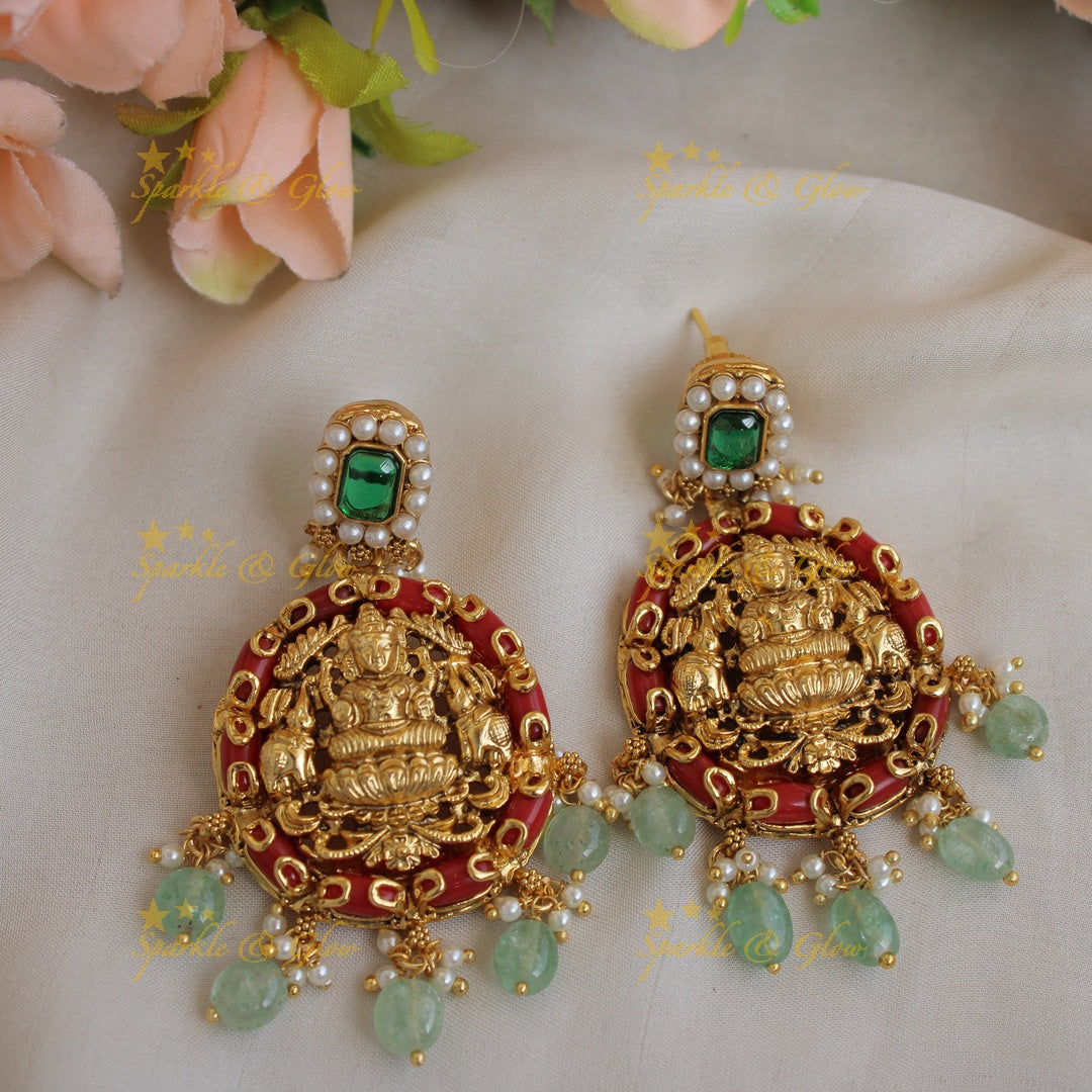 Gorgeous Lakshmi carved short necklace with pearls coral emerald and green beads