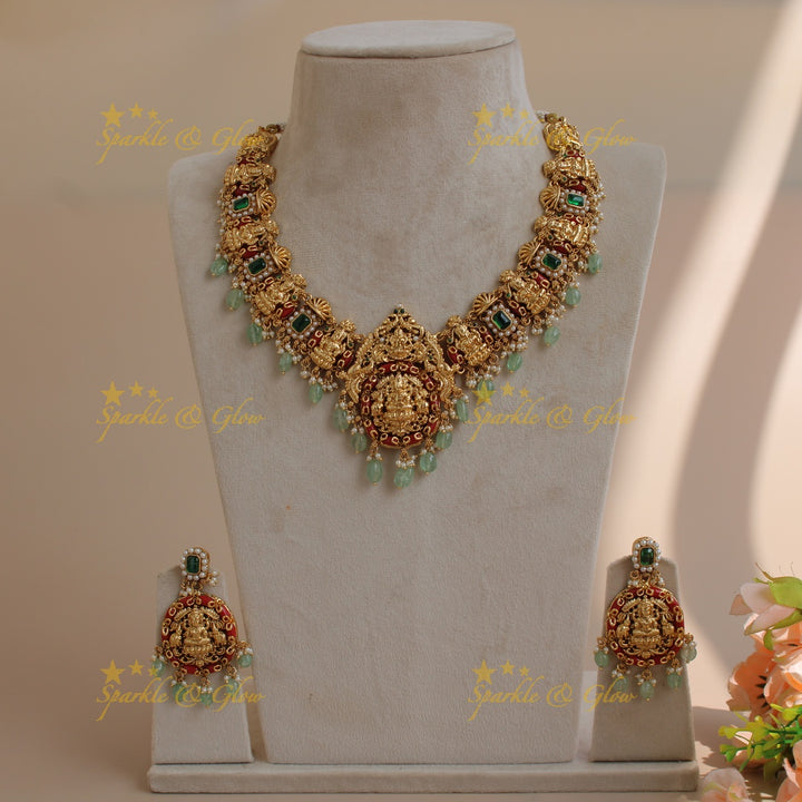 Gorgeous Lakshmi carved short necklace with pearls coral emerald and green beads