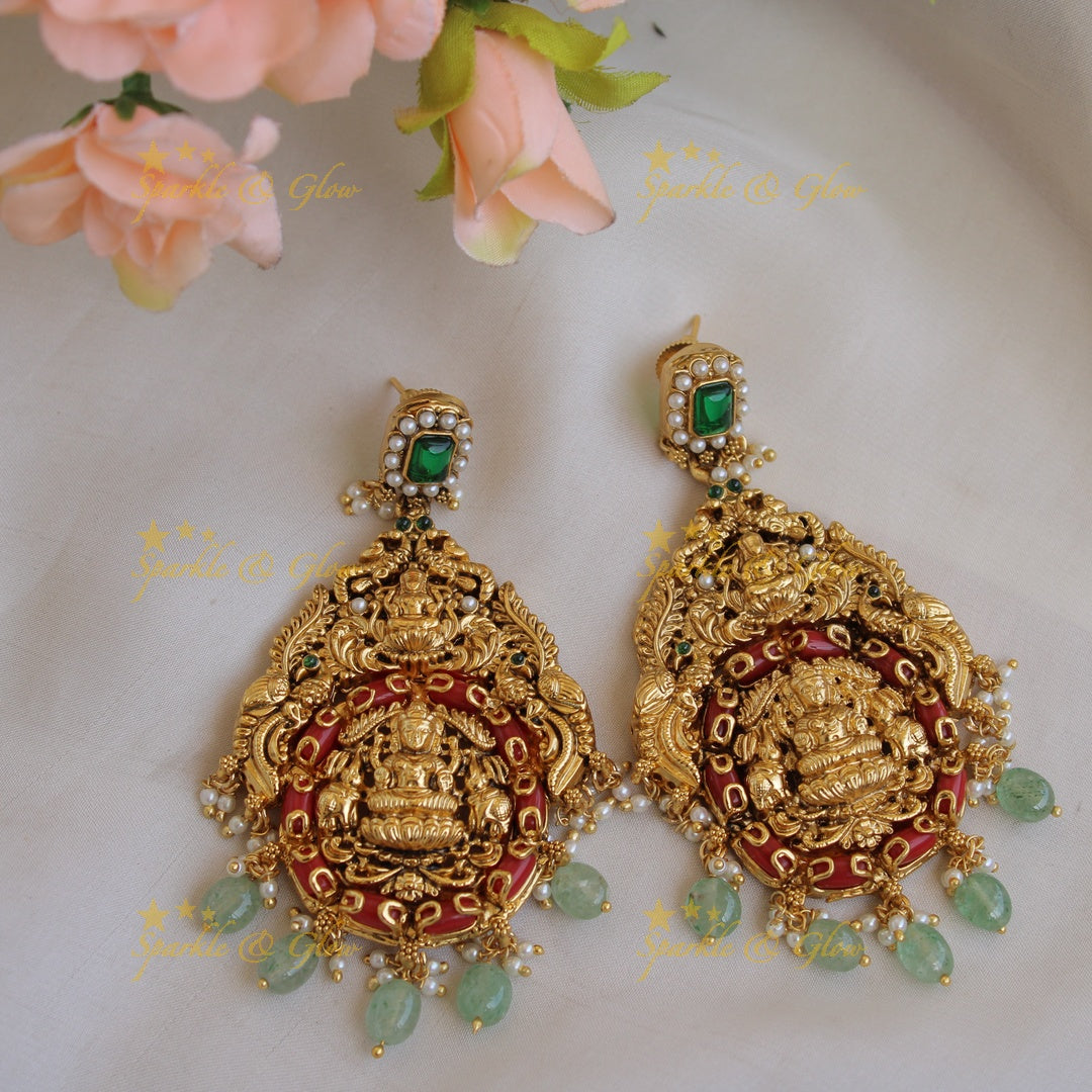 Gorgeous Lakshmi carved long necklace with pearls coral emerald and green beads