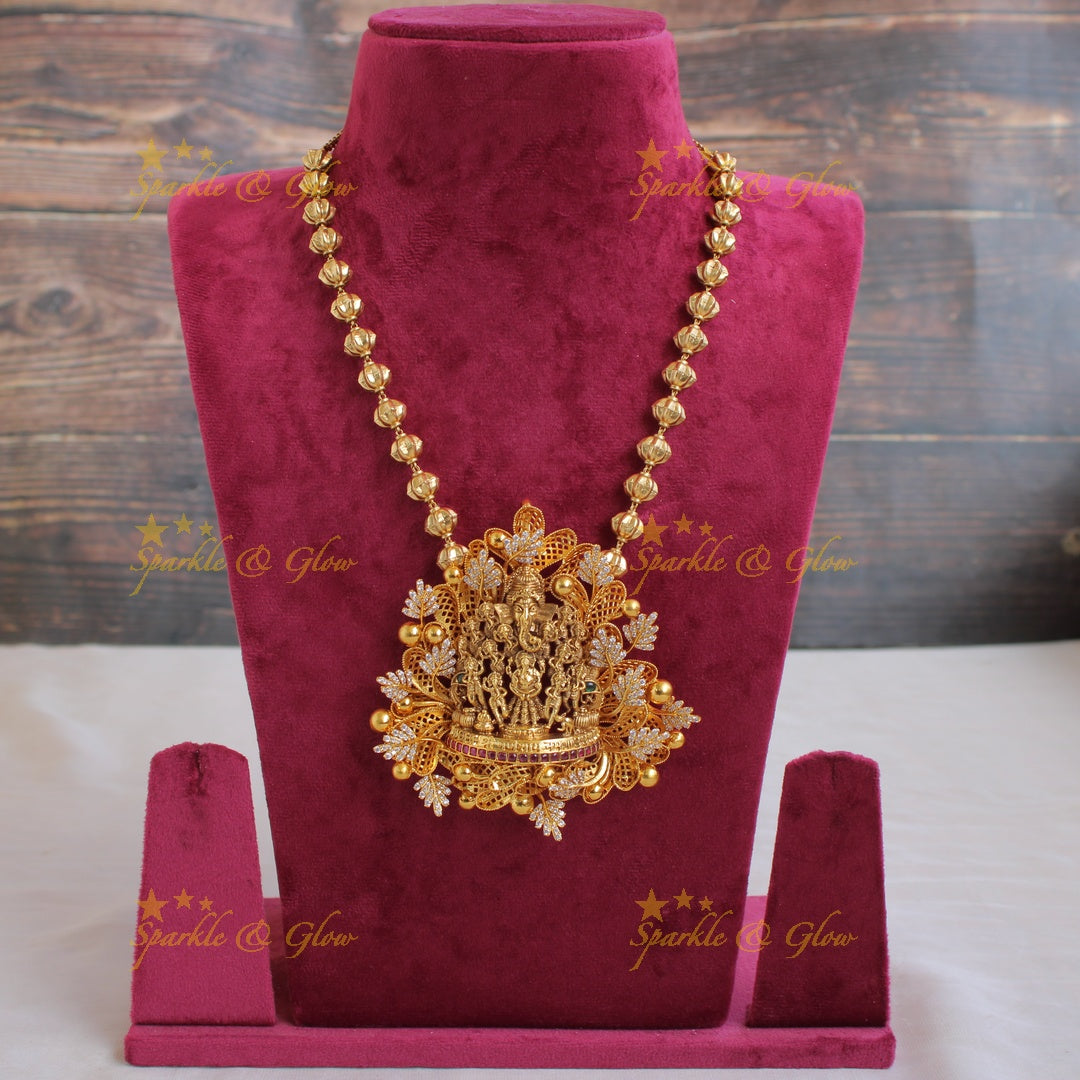Gold Alike Intricate Ganesha carved pendent with chain with CZ stones