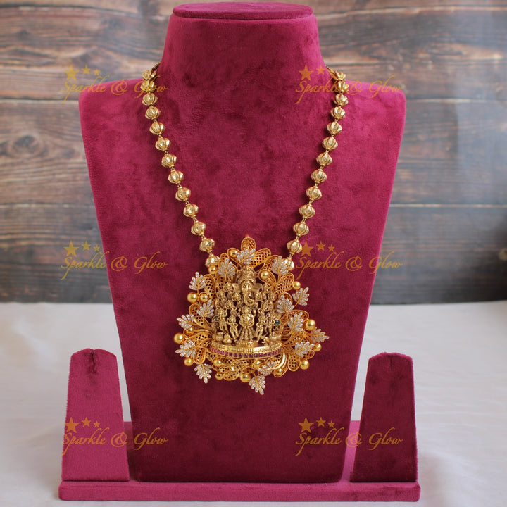Gold Alike Intricate Ganesha carved pendent with chain with CZ stones