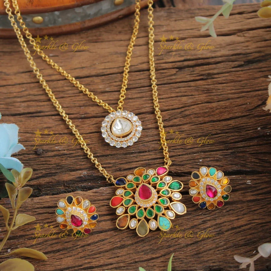 Elegant Navartna Floral two layer pendent with chain with CZ stones - Sparkle and Glow