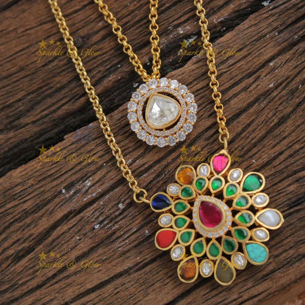 Elegant Navartna Floral two layer pendent with chain with CZ stones - Sparkle and Glow