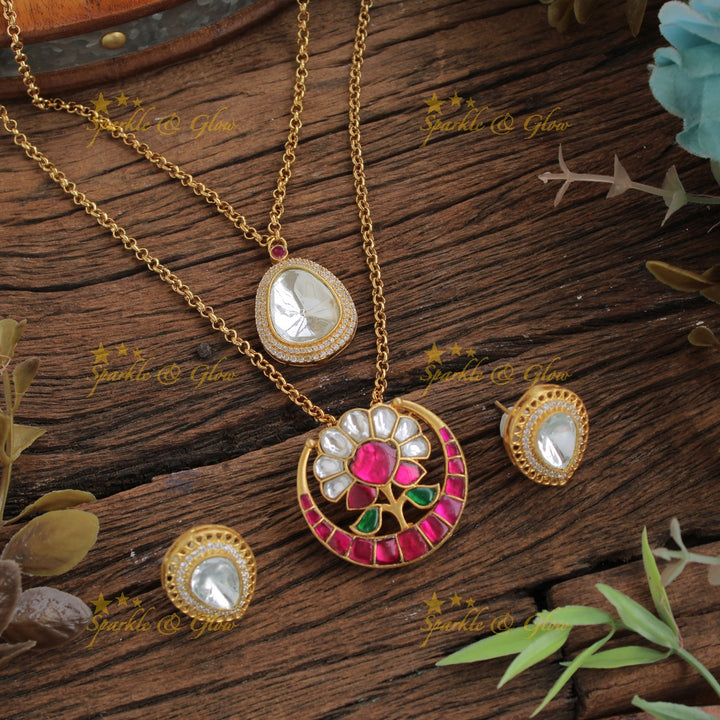 Elegant Half moon Floral jadau two layer pendent with chain with CZ stones