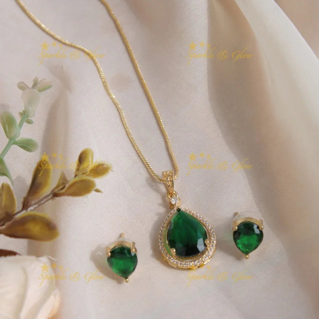 Elegant water drop pendent with chain with CZ stones - red - Sparkle and Glow