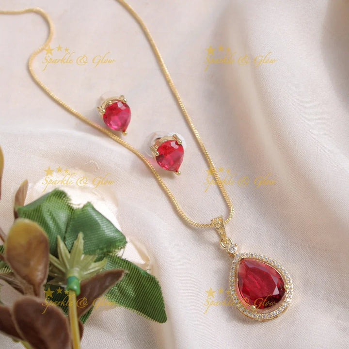 Elegant water drop pendent with chain with CZ stones - red - Sparkle and Glow