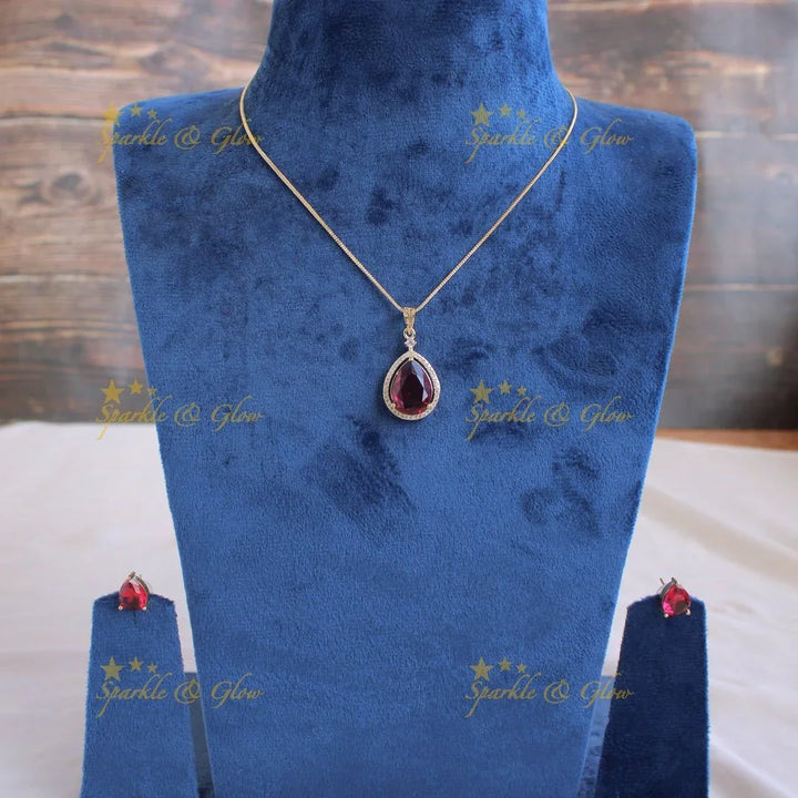 Elegant water drop pendent with chain with CZ stones - red - Sparkle and Glow