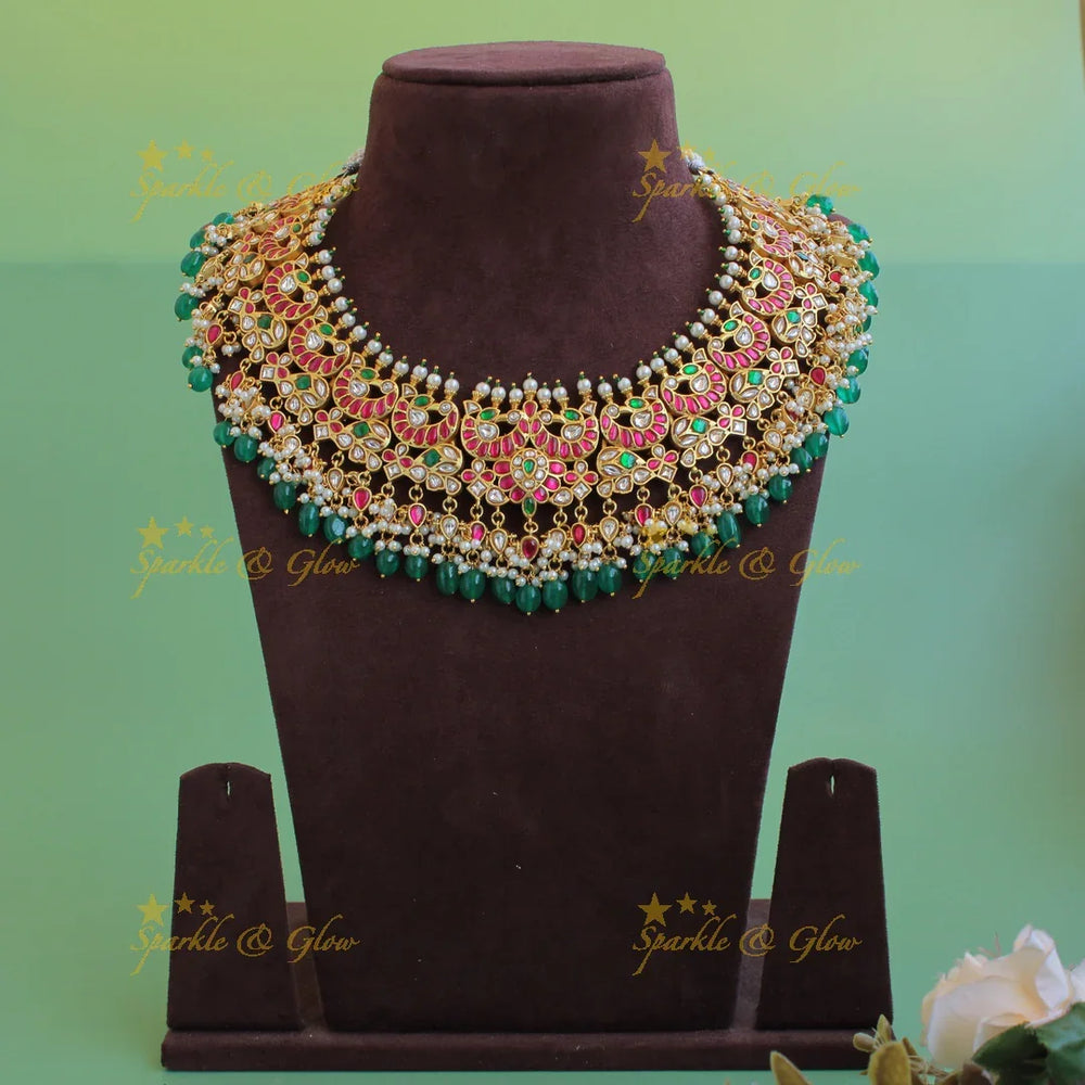 Gorgeous Peacock floral design bridal jadau short necklace with pearls and green beads - Sparkle and Glow