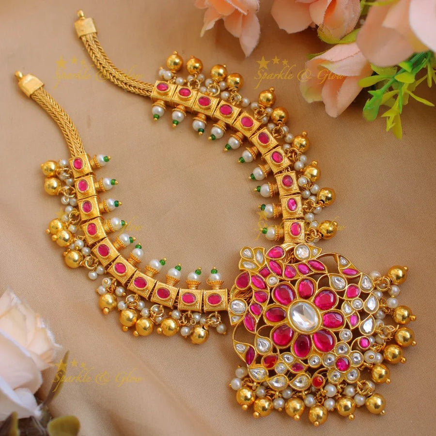 Elegant Peacock floral design jadau short necklace with pearls and green beads - pink - Sparkle and Glow