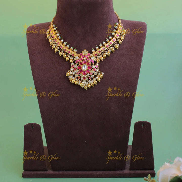 Elegant Peacock floral design jadau short necklace with pearls and green beads - pink - Sparkle and Glow