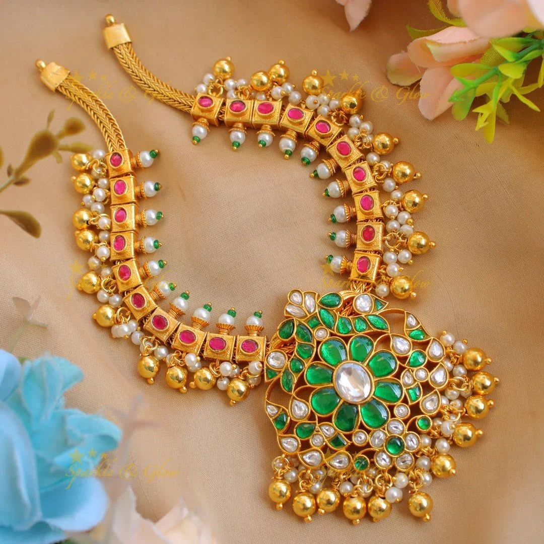 Elegant Peacock floral design jadau short necklace with pearls and green beads - pink - Sparkle and Glow