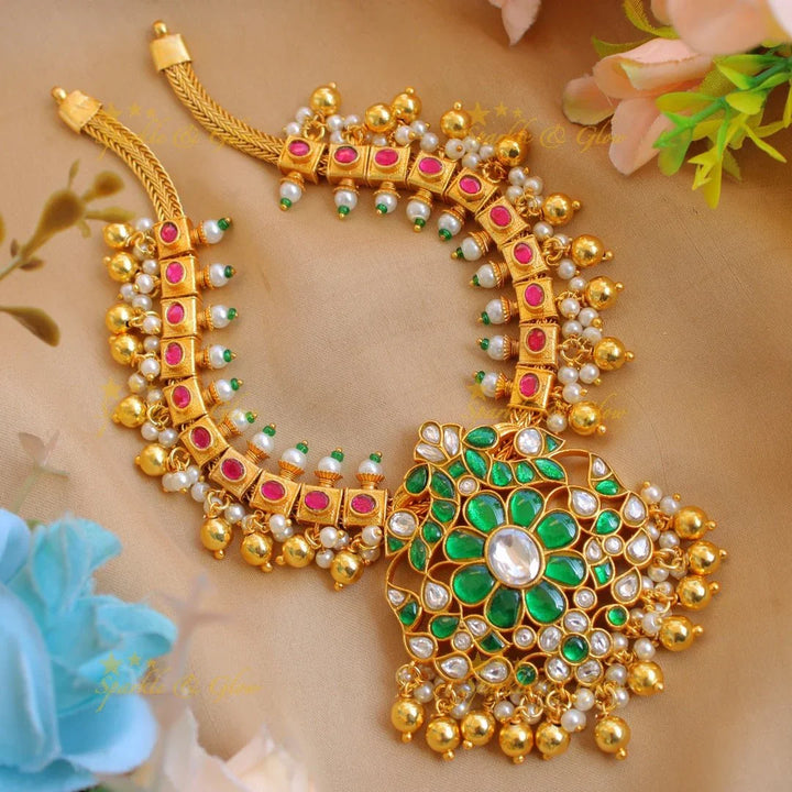 Elegant Peacock floral design jadau short necklace with pearls and green beads - pink - Sparkle and Glow