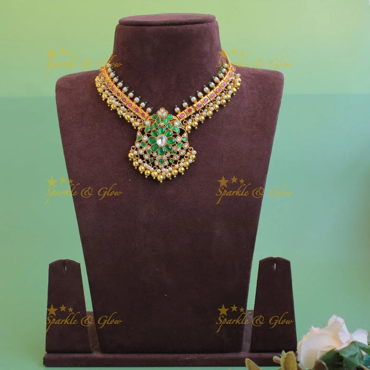 Elegant Peacock floral design jadau short necklace with pearls and green beads - pink - Sparkle and Glow