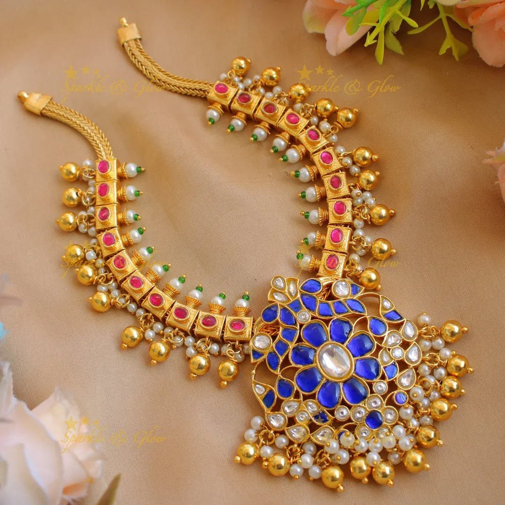 Elegant Peacock floral design jadau short necklace with pearls and green beads - pink - Sparkle and Glow