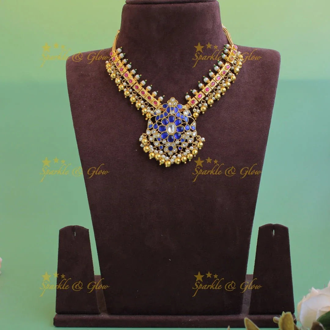 Elegant Peacock floral design jadau short necklace with pearls and green beads - pink - Sparkle and Glow