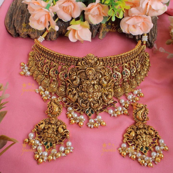 Grand intricate Lakshmi peacock carved kemp stone choker with pearls gold beads