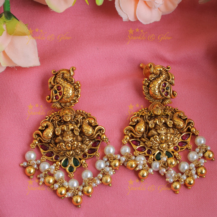 Grand intricate Lakshmi peacock carved kemp stone choker with pearls gold beads