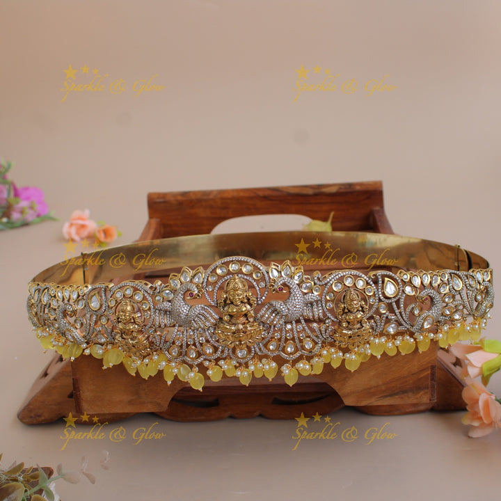 Exclusive Lakshmi peacock carved silver and gold finish victorian ad hipbelt with pearls and baby pink beads