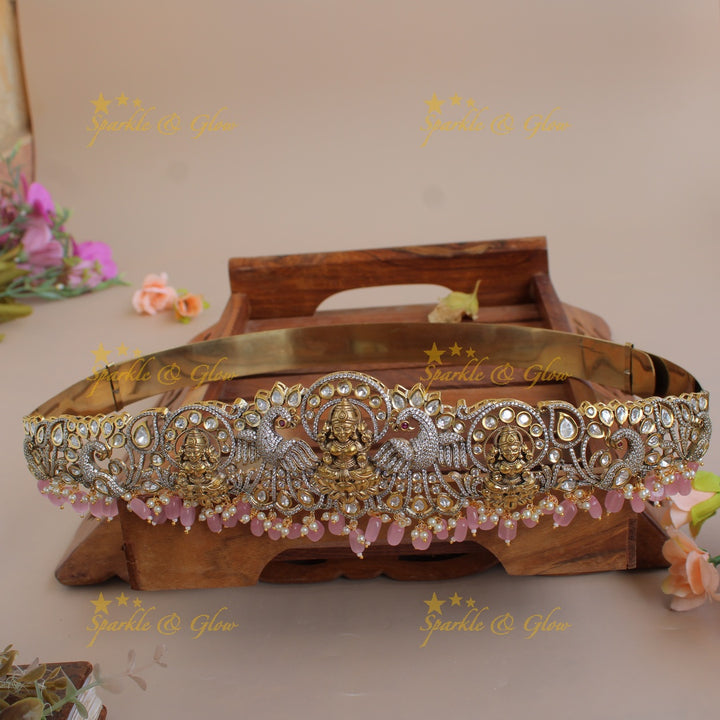 Exclusive Lakshmi peacock carved silver and gold finish victorian ad hipbelt with pearls and baby pink beads