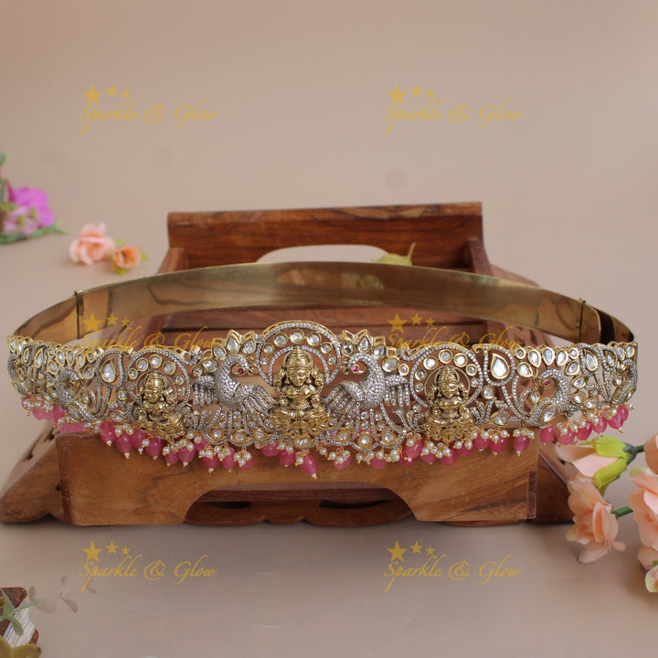 Exclusive Lakshmi peacock carved silver and gold finish victorian ad hipbelt with pearls and baby pink beads