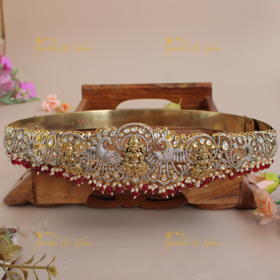Exclusive Lakshmi peacock carved silver and gold finish victorian ad hipbelt with pearls and baby pink beads