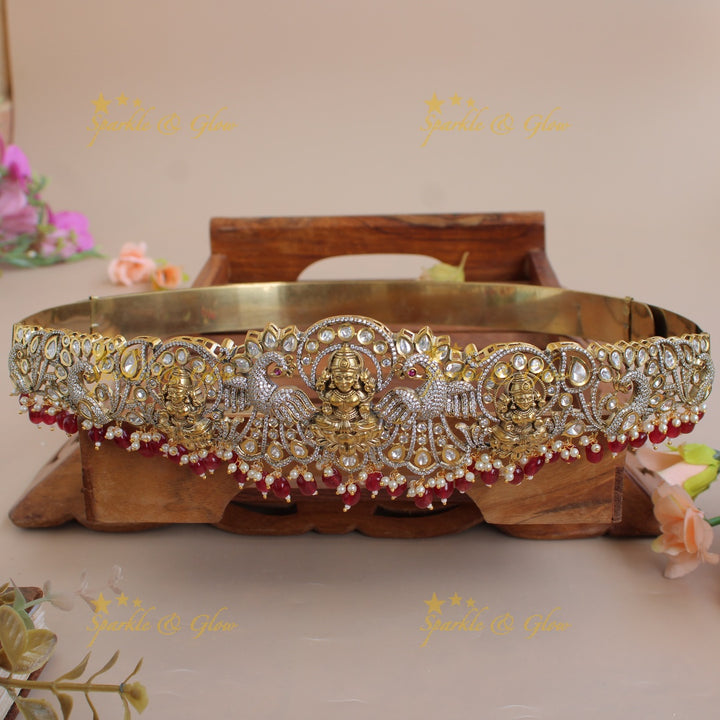 Exclusive Lakshmi peacock carved silver and gold finish victorian ad hipbelt with pearls and baby pink beads