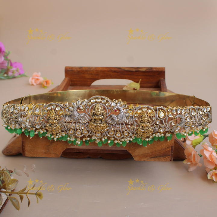 Exclusive Lakshmi peacock carved silver and gold finish victorian ad hipbelt with pearls and baby pink beads