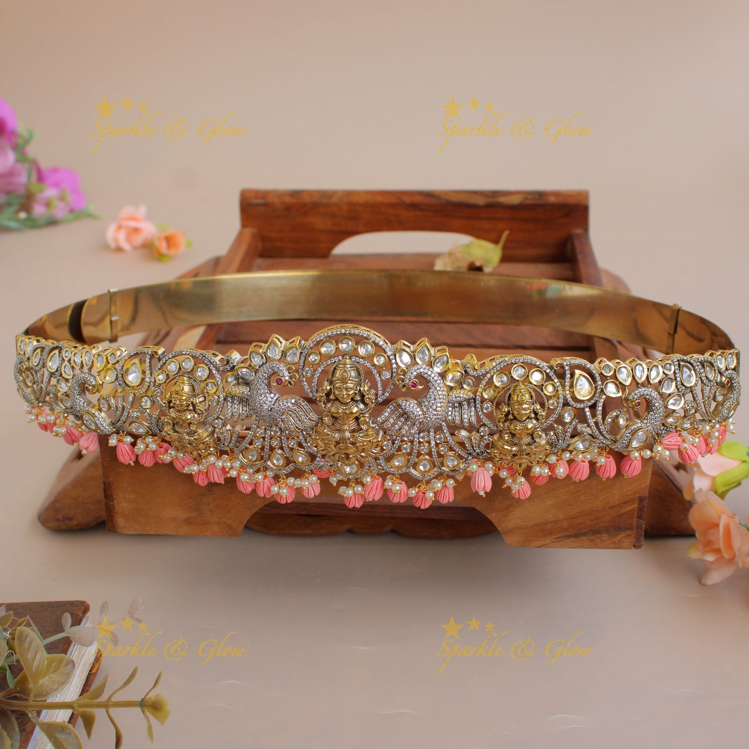 Exclusive Lakshmi peacock carved silver and gold finish victorian ad hipbelt with pearls and baby pink beads