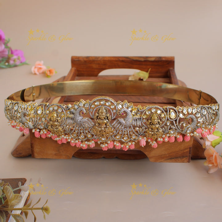 Exclusive Lakshmi peacock carved silver and gold finish victorian ad hipbelt with pearls and baby pink beads
