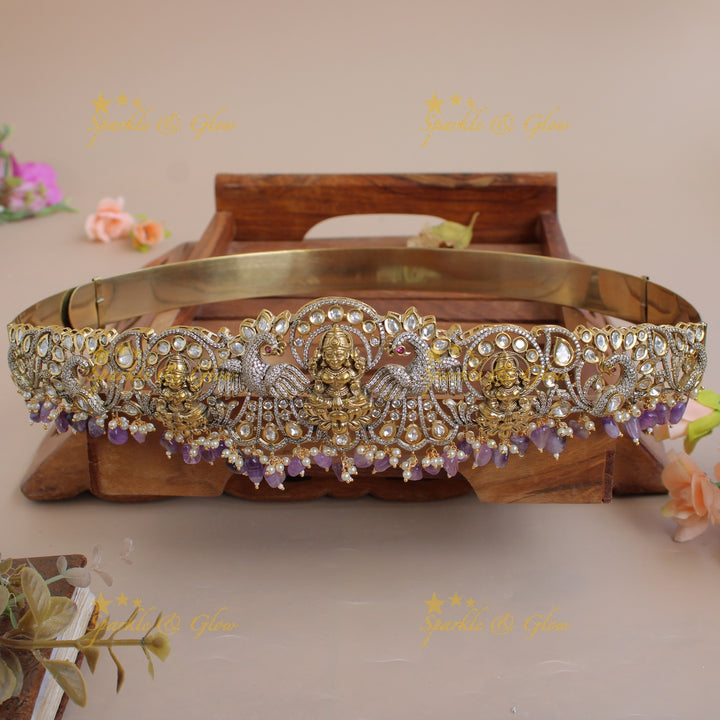 Exclusive Lakshmi peacock carved silver and gold finish victorian ad hipbelt with pearls and baby pink beads