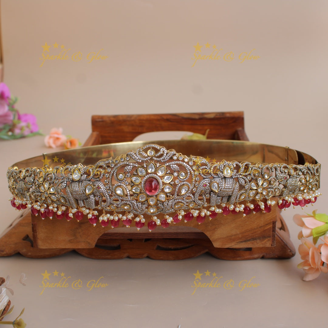 Gorgeous Elephant and floral design silver and gold finish victorian ad hipbelt with pearls and red beads