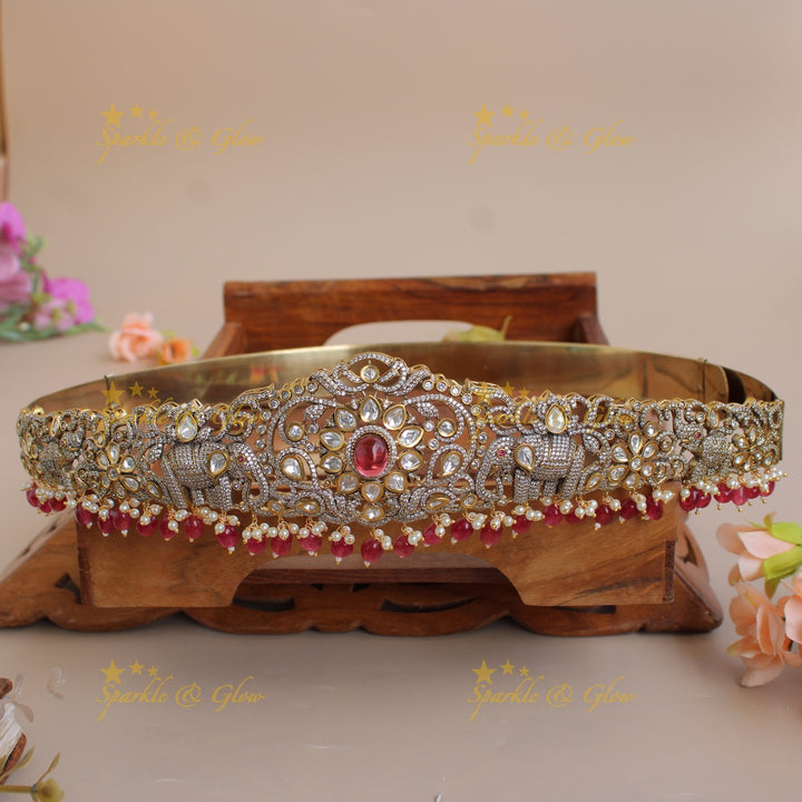 Gorgeous Elephant and floral design silver and gold finish victorian ad hipbelt with pearls and red beads