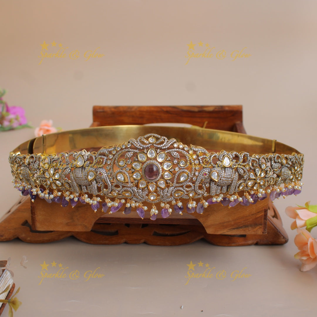 Gorgeous Elephant and floral design silver and gold finish victorian ad hipbelt with pearls and red beads