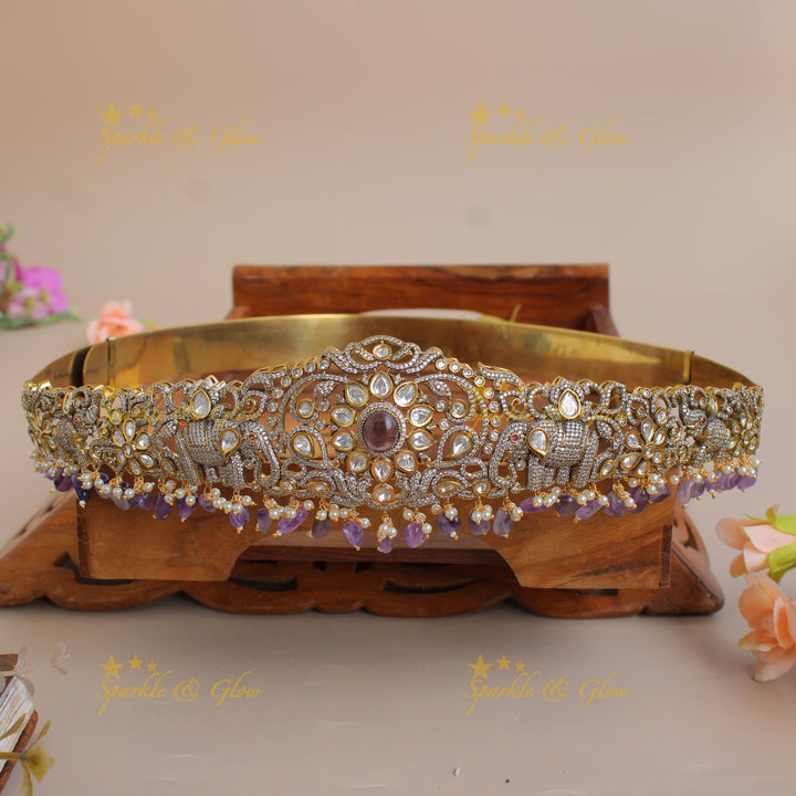 Gorgeous Elephant and floral design silver and gold finish victorian ad hipbelt with pearls and red beads