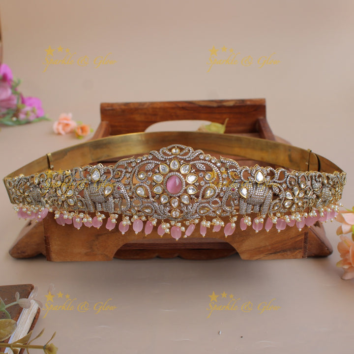 Gorgeous Elephant and floral design silver and gold finish victorian ad hipbelt with pearls and red beads
