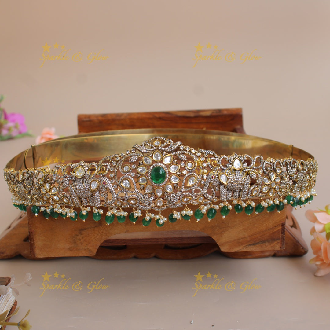 Gorgeous Elephant and floral design silver and gold finish victorian ad hipbelt with pearls and red beads
