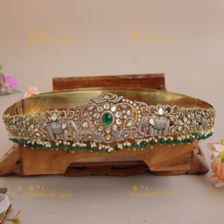 Gorgeous Elephant and floral design silver and gold finish victorian ad hipbelt with pearls and red beads