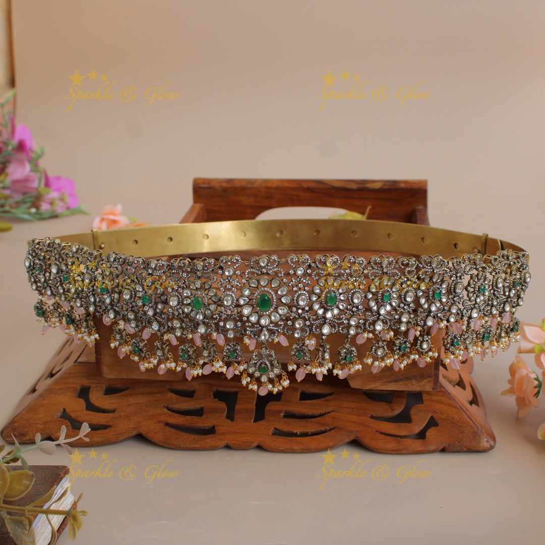 Grand intricate floral design black finish victorian ad hipbelt with emeralds and baby pink beads with flower drops