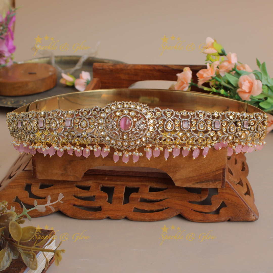 Stunning Peacock and floral design gold finish victorian ad hipbelt with pearls pink beads and stones