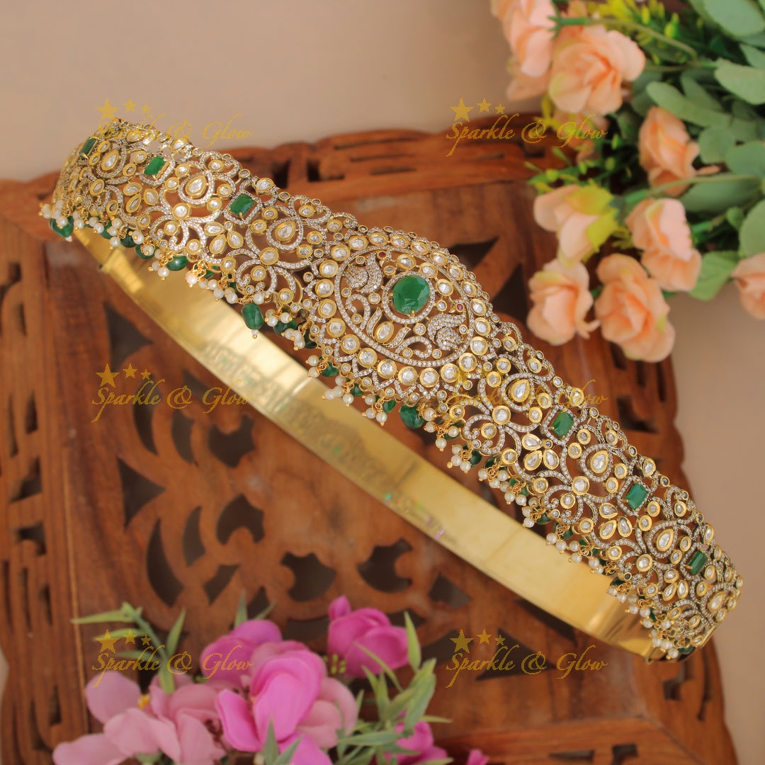 Stunning Peacock and floral design gold finish victorian ad hipbelt with pearls pink beads and stones